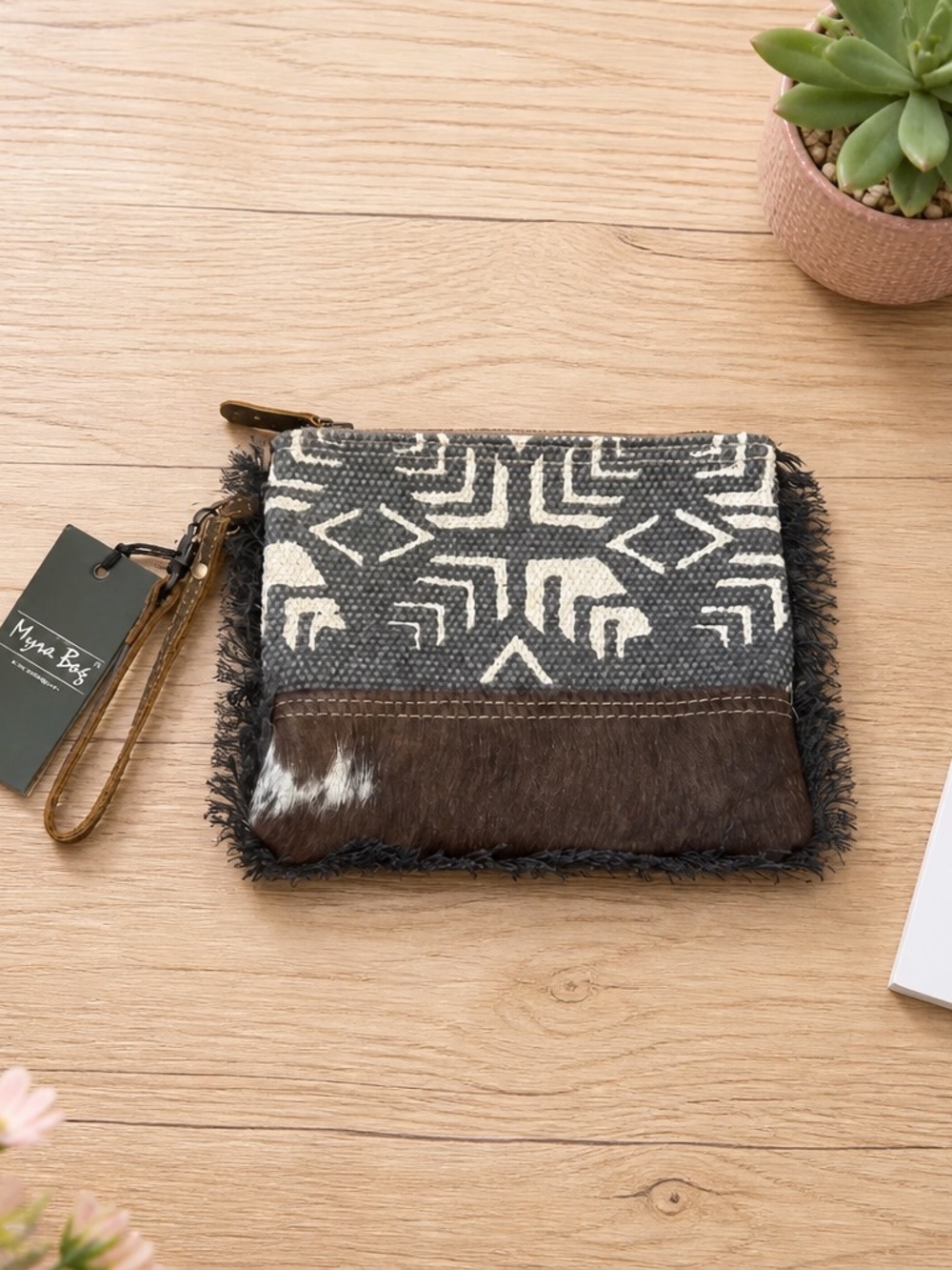 Myra Bag Gray & Brown Patterned Hair-On Leather Wristlet